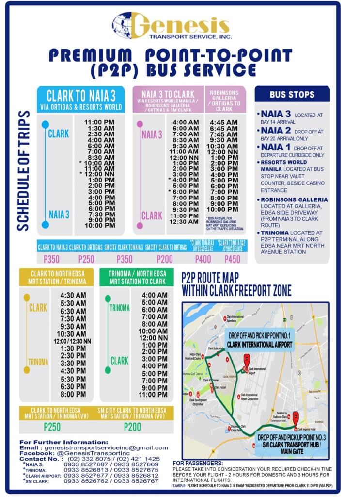 マニラ空港のターミナル3からクラーク（アンヘレス）のP2Pの直通バスの時刻表は？