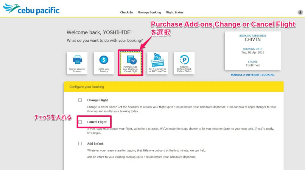 Purchase Add-ons,Change or Cancel Flightを選択